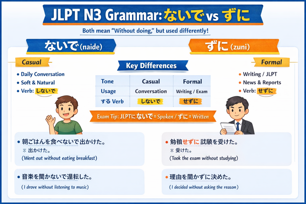 JLPT N3 Grammar Guide: Difference Between 「ないで」and「ずに」