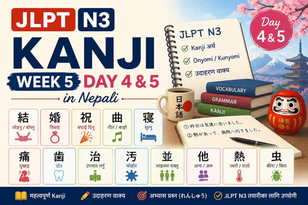 JLPT N3 Kanji Week 5 Day 4 & 5 in Nepali